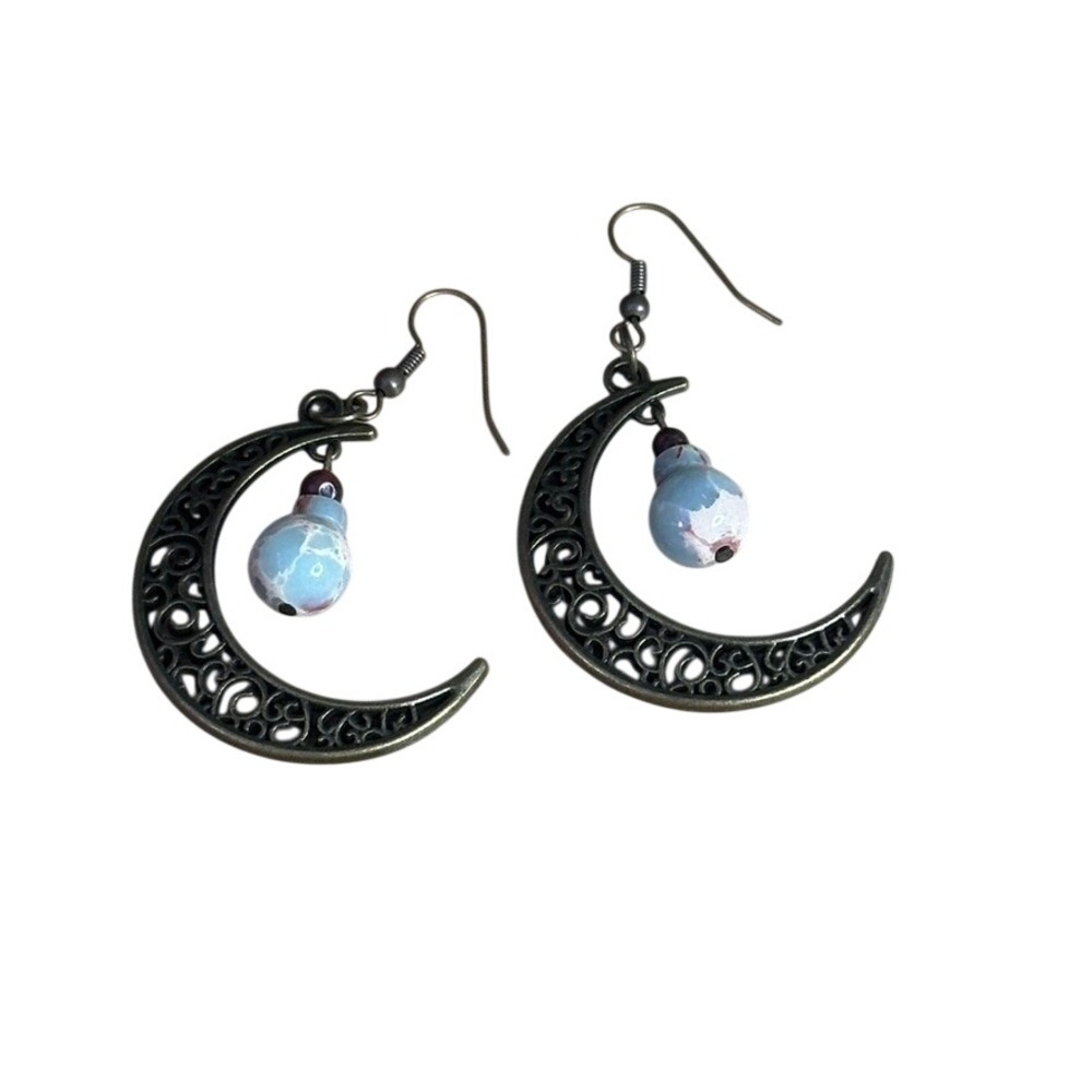 Bronze Crescent‎ Moon Filigree Drop Earrings with Blue Marbled Stone Beads